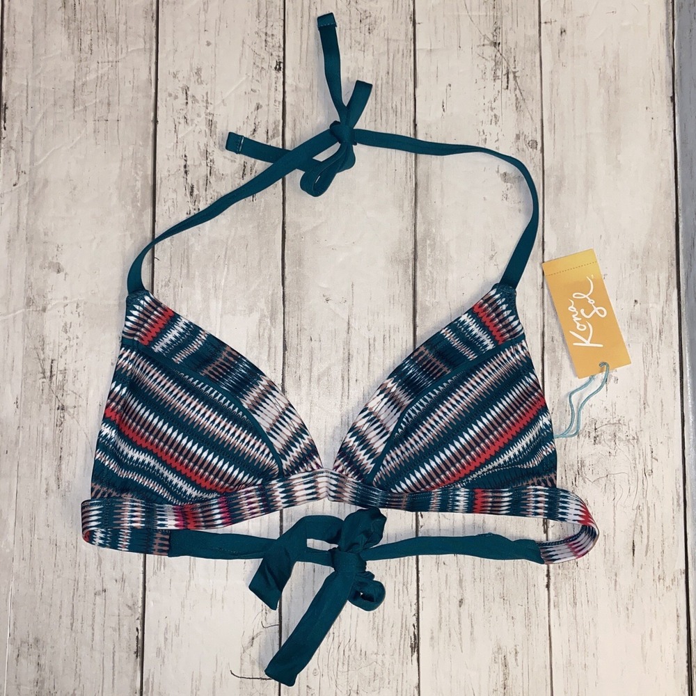Kona Sol Bikini Top Womens Small Blue Aztec Ikat Swim Lightly Lined Teal NEW‎ S